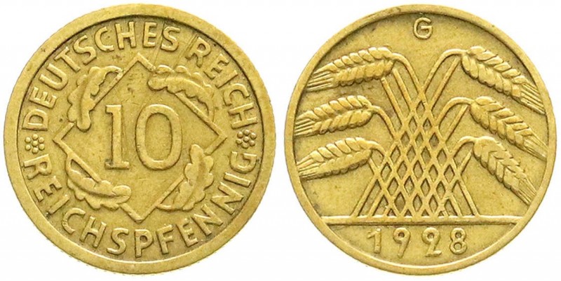 Weimarer Republik, Kursmünzen, 10 Reichspfennig, messingfarben 1924-1936
1928 G....