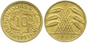 Weimarer Republik, Kursmünzen, 10 Reichspfennig, messingfarben 1924-1936
1931 F. fast Stempelglanz