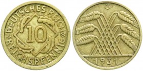 Weimarer Republik, Kursmünzen, 10 Reichspfennig, messingfarben 1924-1936
1931 G. sehr schön, selten