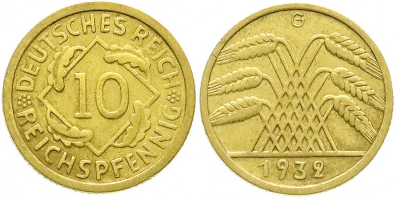 Weimarer Republik, Kursmünzen, 10 Reichspfennig, messingfarben 1924-1936
1932 G....