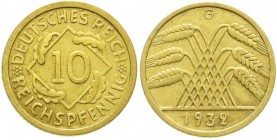 Weimarer Republik, Kursmünzen, 10 Reichspfennig, messingfarben 1924-1936
1932 G. gutes sehr schön, sehr selten