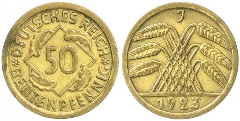 Weimarer Republik, Kursmünzen, 50 Rentenpfennig, messingfarben 1923-1924
1923 J....