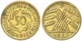 Weimarer Republik, Kursmünzen, 50 Rentenpfennig, messingfarben 1923-1924
1923 J. Mit Gutachten Paproth. sehr schön/vorzüglich, sehr selten