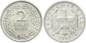 Weimarer Republik, Kursmünzen, 2 Reichsmark, Silber 1925-1931
1926 F. fast Stempelglanz, Prachtexemplar