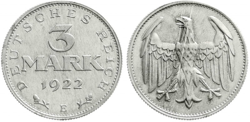 Weimarer Republik, Kursmünzen, 3 Mark, Aluminium 1922
1922 E. Polierte Platte, s...
