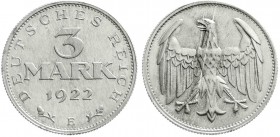Weimarer Republik, Kursmünzen, 3 Mark, Aluminium 1922
1922 E. Polierte Platte, sehr selten