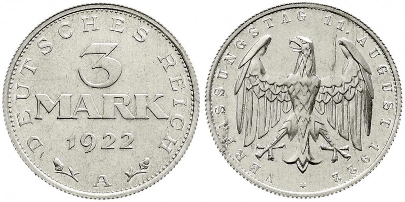 Weimarer Republik, Kursmünzen, 3 Mark, Aluminium mit Umschrift 1922-1923
1922 A....