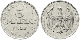 Weimarer Republik, Kursmünzen, 3 Mark, Aluminium mit Umschrift 1922-1923
1922 A. Polierte Platte, leicht berührt