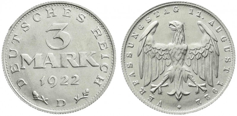 Weimarer Republik, Kursmünzen, 3 Mark, Aluminium mit Umschrift 1922-1923
1922 D....