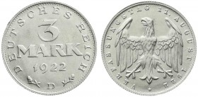 Weimarer Republik, Kursmünzen, 3 Mark, Aluminium mit Umschrift 1922-1923
1922 D. fast Stempelglanz, min. Randfehler, sehr selten