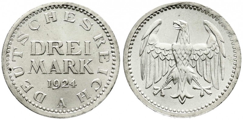 Weimarer Republik, Kursmünzen, 3 Mark, Silber 1924-1925
1924 A. fast Stempelglan...