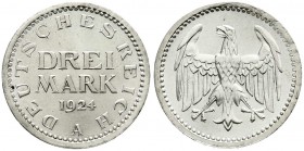 Weimarer Republik, Kursmünzen, 3 Mark, Silber 1924-1925
1924 A. fast Stempelglanz, Prachtexemplar, übl. leichte prägebed. Randunebenheiten