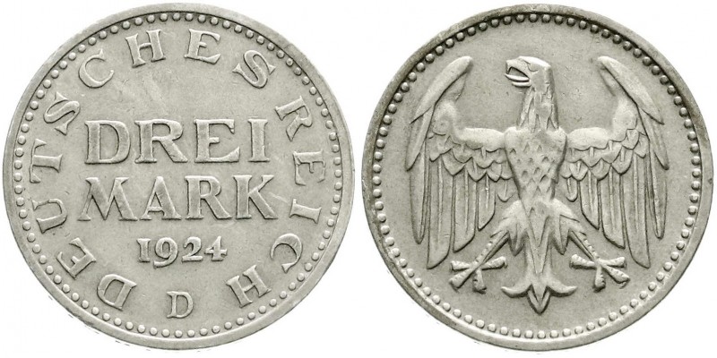 Weimarer Republik, Kursmünzen, 3 Mark, Silber 1924-1925
1924 D. vorzüglich