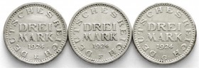 Weimarer Republik, Kursmünzen, 3 Mark, Silber 1924-1925
3 bessere Buchstaben: 1924 E, F, G. alle sehr schön