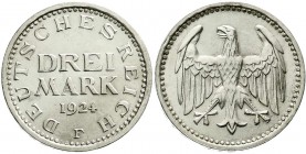 Weimarer Republik, Kursmünzen, 3 Mark, Silber 1924-1925
1924 F. fast Stempelglanz