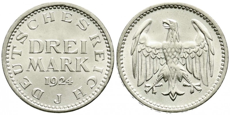 Weimarer Republik, Kursmünzen, 3 Mark, Silber 1924-1925
1924 J. fast Stempelglan...