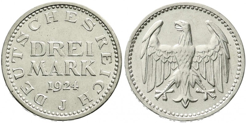 Weimarer Republik, Kursmünzen, 3 Mark, Silber 1924-1925
1924 J. vorzüglich/Stemp...