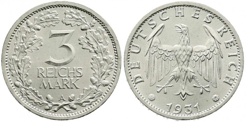 Weimarer Republik, Kursmünzen, 3 Reichsmark, Silber 1931-1933
1931 A. fast Stemp...