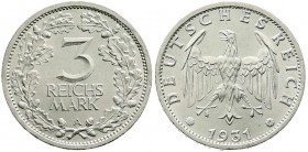 Weimarer Republik, Kursmünzen, 3 Reichsmark, Silber 1931-1933
1931 A. fast Stempelglanz