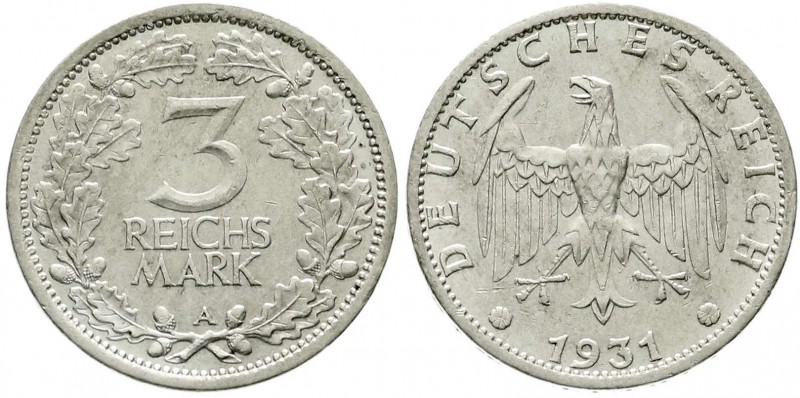 Weimarer Republik, Kursmünzen, 3 Reichsmark, Silber 1931-1933
1931 A. fast vorzü...
