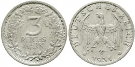 Weimarer Republik, Kursmünzen, 3 Reichsmark, Silber 1931-1933
1931 A. fast vorzüglich