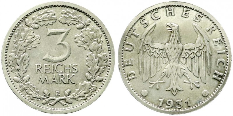 Weimarer Republik, Kursmünzen, 3 Reichsmark, Silber 1931-1933
1931 E. prägefrisc...
