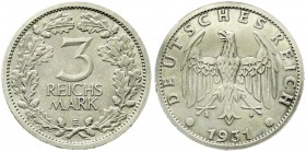Weimarer Republik, Kursmünzen, 3 Reichsmark, Silber 1931-1933
1931 E. prägefrisch