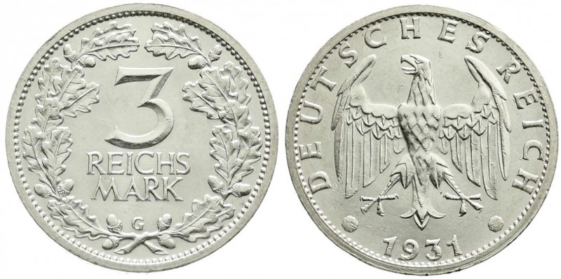 Weimarer Republik, Kursmünzen, 3 Reichsmark, Silber 1931-1933
1931 G. prägefrisc...