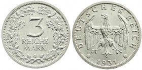 Weimarer Republik, Kursmünzen, 3 Reichsmark, Silber 1931-1933
1931 G. prägefrisch/fast Stempelglanz