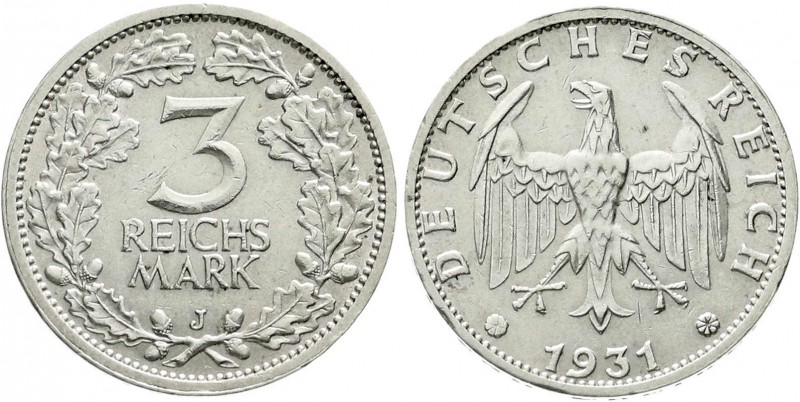 Weimarer Republik, Kursmünzen, 3 Reichsmark, Silber 1931-1933
1931 J. vorzüglich...