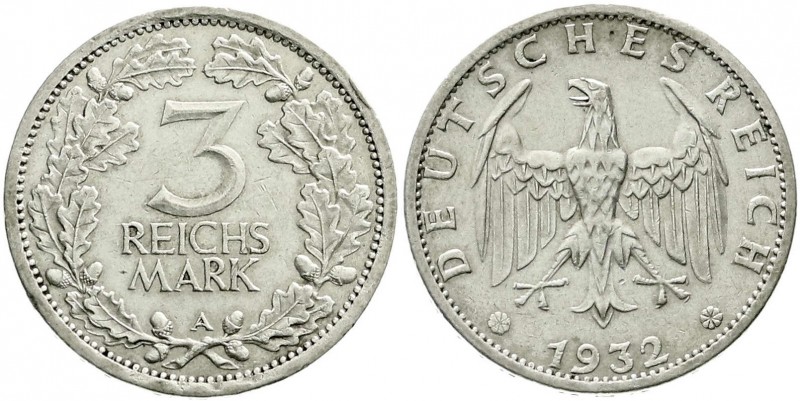 Weimarer Republik, Kursmünzen, 3 Reichsmark, Silber 1931-1933
1932 A. sehr schön...