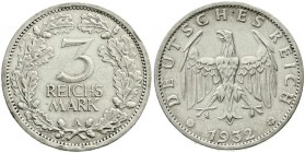Weimarer Republik, Kursmünzen, 3 Reichsmark, Silber 1931-1933
1932 A. sehr schön/vorzüglich, kl. Kratzer und Randfehler