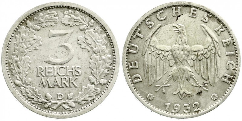 Weimarer Republik, Kursmünzen, 3 Reichsmark, Silber 1931-1933
1932 D. gutes sehr...