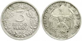 Weimarer Republik, Kursmünzen, 3 Reichsmark, Silber 1931-1933
1932 D. gutes sehr schön, teils leicht rauhe Oberfläche