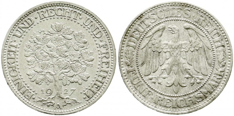 Weimarer Republik, Kursmünzen, 5 Reichsmark Eichbaum Silber 1927-1933
1927 A. pr...