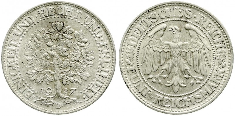 Weimarer Republik, Kursmünzen, 5 Reichsmark Eichbaum Silber 1927-1933
1927 D. vo...