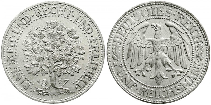 Weimarer Republik, Kursmünzen, 5 Reichsmark Eichbaum Silber 1927-1933
1927 F. fa...