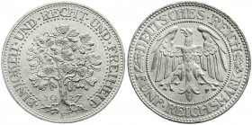 Weimarer Republik, Kursmünzen, 5 Reichsmark Eichbaum Silber 1927-1933
1927 F. fast Stempelglanz, Prachtexemplar