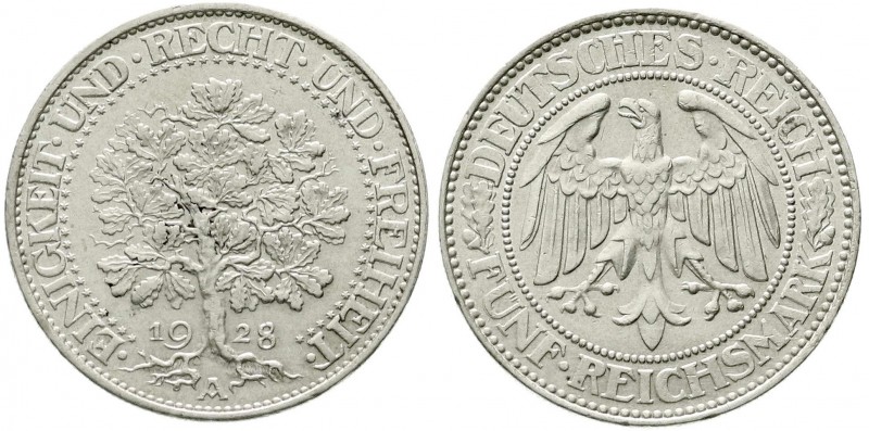 Weimarer Republik, Kursmünzen, 5 Reichsmark Eichbaum Silber 1927-1933
1928 A. vo...