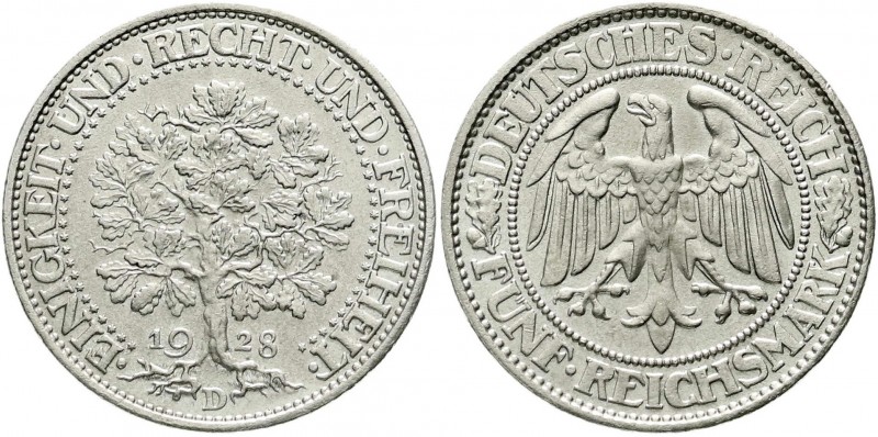 Weimarer Republik, Kursmünzen, 5 Reichsmark Eichbaum Silber 1927-1933
1928 D. se...