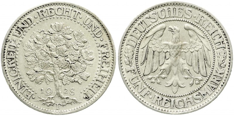Weimarer Republik, Kursmünzen, 5 Reichsmark Eichbaum Silber 1927-1933
1928 F. vo...