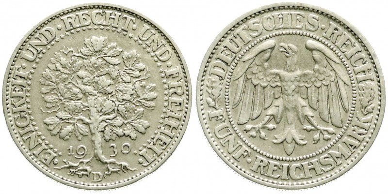 Weimarer Republik, Kursmünzen, 5 Reichsmark Eichbaum Silber 1927-1933
1930 D. se...