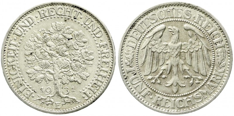 Weimarer Republik, Kursmünzen, 5 Reichsmark Eichbaum Silber 1927-1933
1931 E. vo...