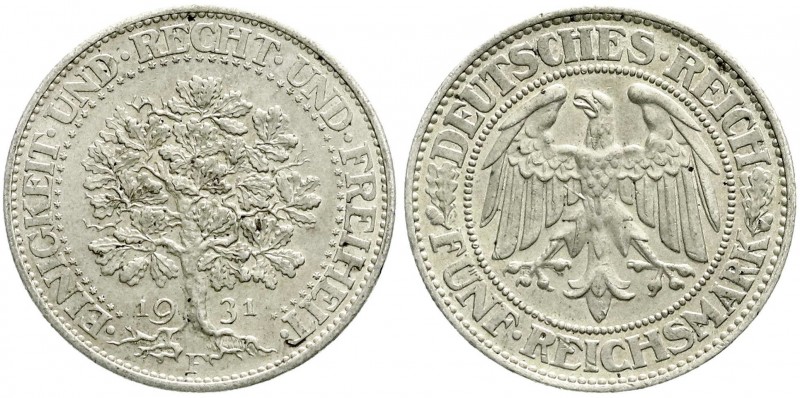 Weimarer Republik, Kursmünzen, 5 Reichsmark Eichbaum Silber 1927-1933
1931 F. vo...