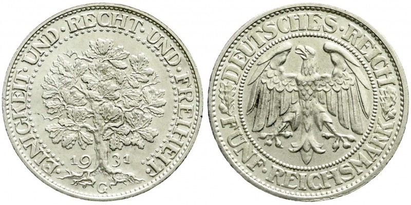 Weimarer Republik, Kursmünzen, 5 Reichsmark Eichbaum Silber 1927-1933
1931 G. vo...