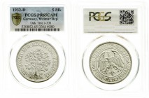 Weimarer Republik, Kursmünzen, 5 Reichsmark Eichbaum Silber 1927-1933
1932 D. Im PCGS-Blister mit Grading PR 65 CAM (Das am besten gegradete Ex.) Poli...