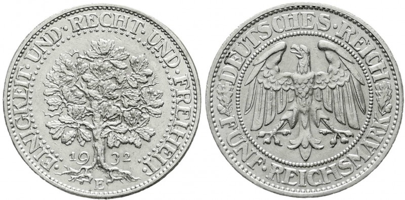 Weimarer Republik, Kursmünzen, 5 Reichsmark Eichbaum Silber 1927-1933
1932 E. vo...