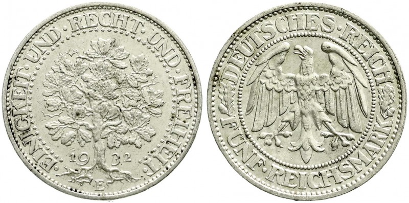 Weimarer Republik, Kursmünzen, 5 Reichsmark Eichbaum Silber 1927-1933
1932 E. se...