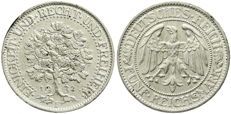 Weimarer Republik, Kursmünzen, 5 Reichsmark Eichbaum Silber 1927-1933
1932 F. vo...