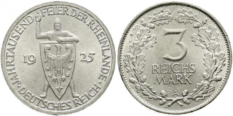 Weimarer Republik, Gedenkmünzen, 3 Reichsmark Rheinlande
1925 A. fast Stempelgla...